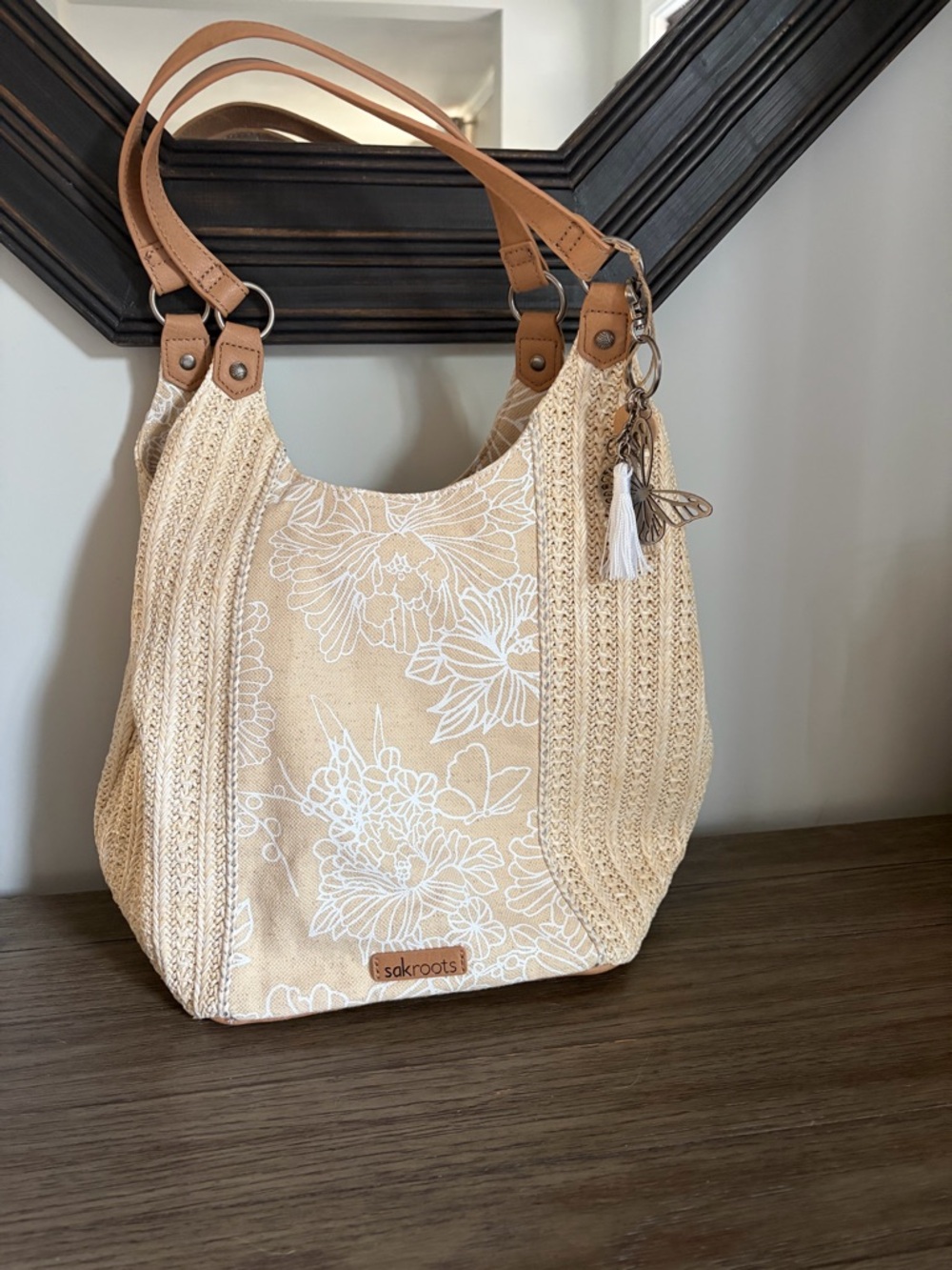 Sakroots Cream Floral Canvas Shoulder Bag with Tan Handles